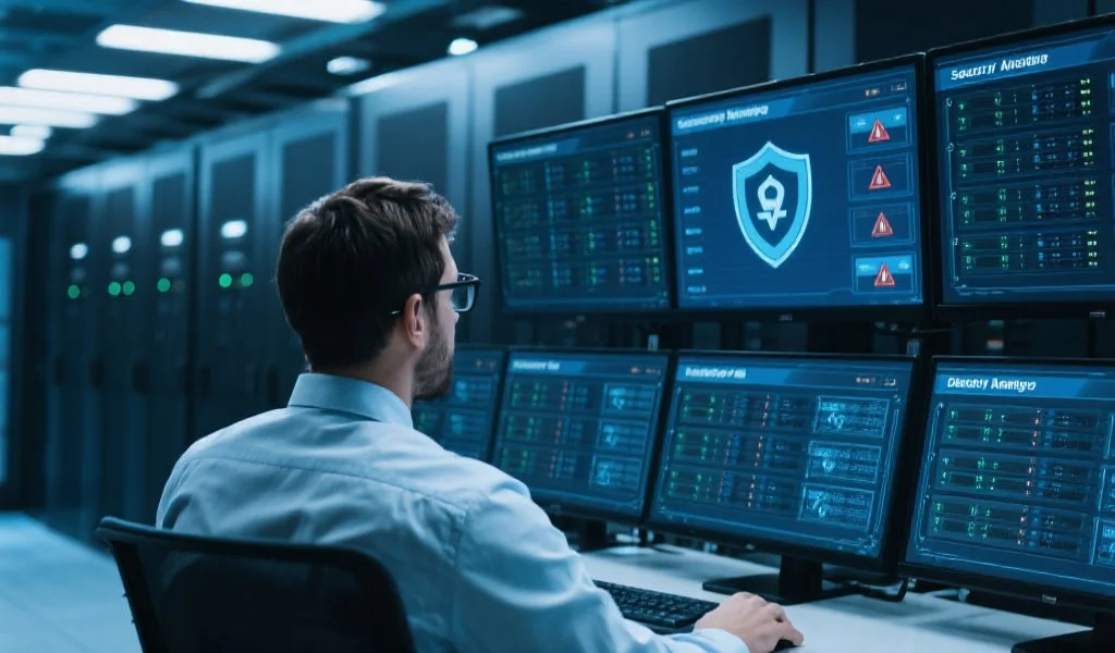 工程师监控并维护安全系统的场景